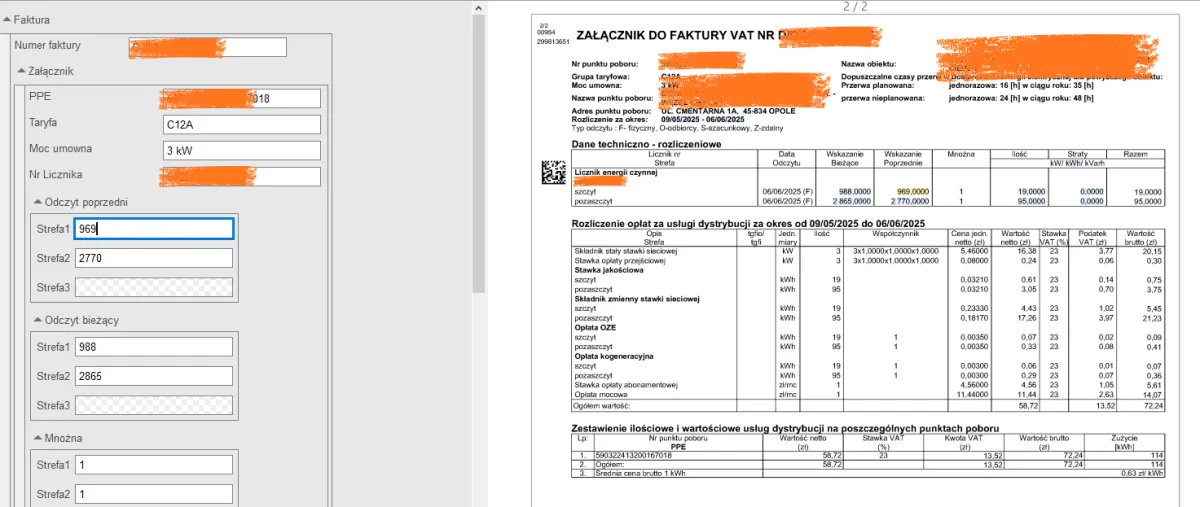 OCR dokumentu PEC - Faktura za energię cieplną z ekstrakcją danych